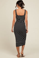 Black Striped Fitted Square Neck Midi Dress