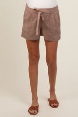 Mocha Drawstring Side Pocket Maternity Shorts