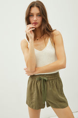 Olive Drawstring Side Pocket Maternity Shorts