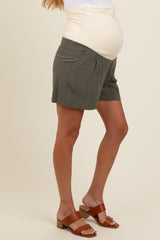 Olive Blue Pleated Maternity Shorts