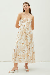 Beige Floral Ruched Front Halter Midi Dress