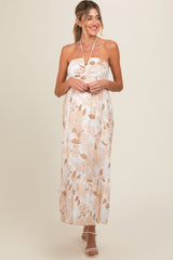 Beige Floral Ruched Front Halter Maternity Midi Dress