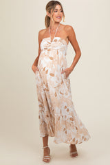 Beige Floral Ruched Front Halter Maternity Midi Dress