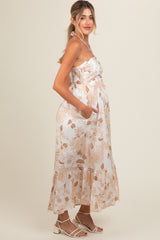 Beige Floral Ruched Front Halter Maternity Midi Dress