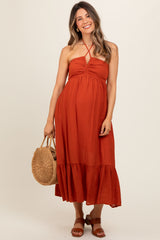 Rust Halter Maternity Midi Dress