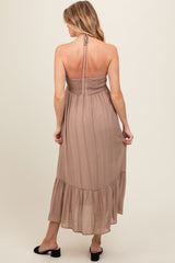 Taupe V-Front Halter Maternity Midi Dress