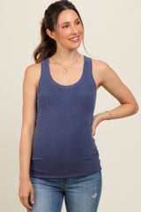 Blue Sleeveless Ribbed Maternity Top