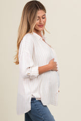 Ivory Striped Linen Button Front Long Sleeve Maternity Top