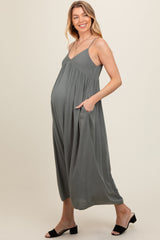 Light Olive V-Neck Sleeveless Maternity Midi Dress