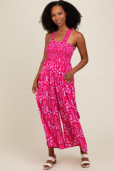 Fuchsia Printed Smocked Cropped Jumpsuit