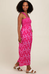 Fuchsia Printed Smocked Cropped Jumpsuit