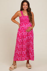 Fuchsia Printed Smocked Cropped Maternity Jumpsuit