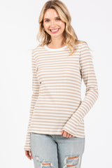 Beige Striped Long Sleeve Ribbed Top