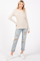 Beige Striped Long Sleeve Ribbed Top