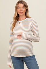 Beige Striped Long Sleeve Ribbed Maternity Top