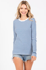 Blue Striped Long Sleeve Ribbed Top