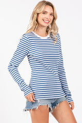 Blue Striped Long Sleeve Ribbed Top