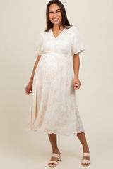 Cream Floral Smocked Waist Maternity Midi Dress