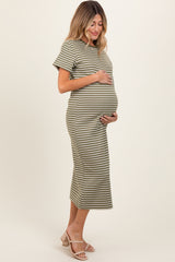 Olive Striped Short Sleeve Side Slit Maternity T-Shirt Midi Dress