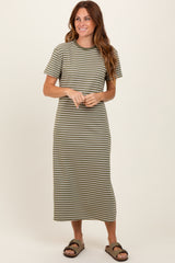 Olive Striped Short Sleeve Side Slit T-Shirt Midi Dress