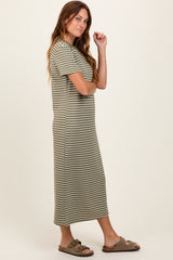 Olive Striped Short Sleeve Side Slit T-Shirt Midi Dress