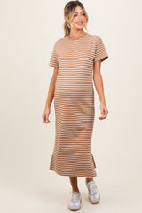 Rust Striped Short Sleeve Side Slit Maternity T-Shirt Midi Dress