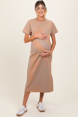 Rust Striped Short Sleeve Side Slit Maternity T-Shirt Midi Dress