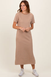 Rust Striped Short Sleeve Side Slit T-Shirt Midi Dress