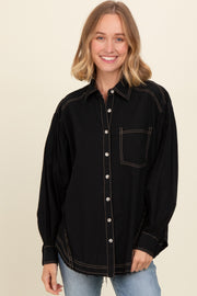 Black Contrast Stitch Button Up Collared Long Sleeve Top