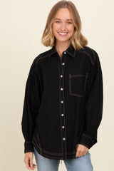 Black Contrast Stitch Button Up Collared Long Sleeve Maternity Top