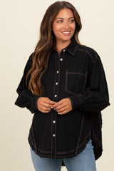 Black Contrast Stitch Button Up Collared Long Sleeve Maternity Top