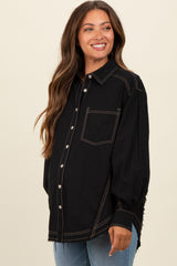 Black Contrast Stitch Button Up Collared Long Sleeve Maternity Top