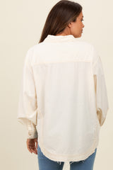 Cream Contrast Stitch Button Up Collared Long Sleeve Maternity Top