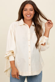 Cream Contrast Stitch Button Up Collared Long Sleeve Maternity Top