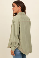 Light Olive Contrast Stitch Button Up Collared Long Sleeve Maternity Top