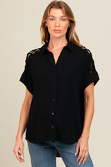 Black Button Down Lace-Up Shoulder Maternity Top