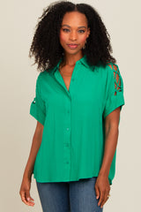 Green Button Down Lace-Up Shoulder Maternity Top