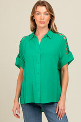 Green Button Down Lace-Up Shoulder Maternity Top