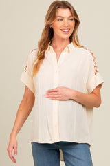 Beige Button Down Lace-Up Shoulder Maternity Top