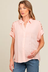 Blush Button Down Lace-Up Shoulder Maternity Top