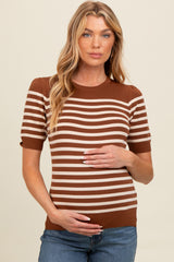 Mocha Striped Short Sleeve Knit Maternity Top