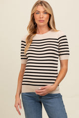 Beige Striped Short Sleeve Knit Maternity Top