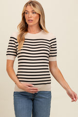 Beige Striped Short Sleeve Knit Maternity Top