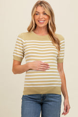 Light Olive Striped Short Sleeve Knit Maternity Top