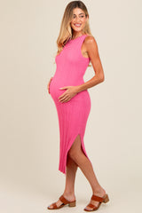 Pink Ribbed Side Slit Sleeveless Maternity Midi Dress