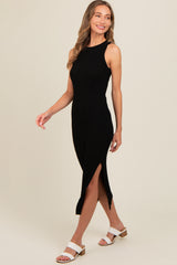 Black Ribbed Side Slit Sleeveless Maternity Midi Dress