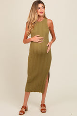 Light Olive Ribbed Side Slit Sleeveless Maternity Midi Dress