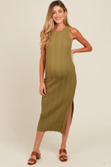 Light Olive Ribbed Side Slit Sleeveless Maternity Midi Dress