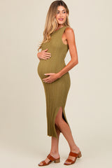 Light Olive Ribbed Side Slit Sleeveless Maternity Midi Dress