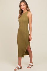 Light Olive Ribbed Side Slit Sleeveless Maternity Midi Dress